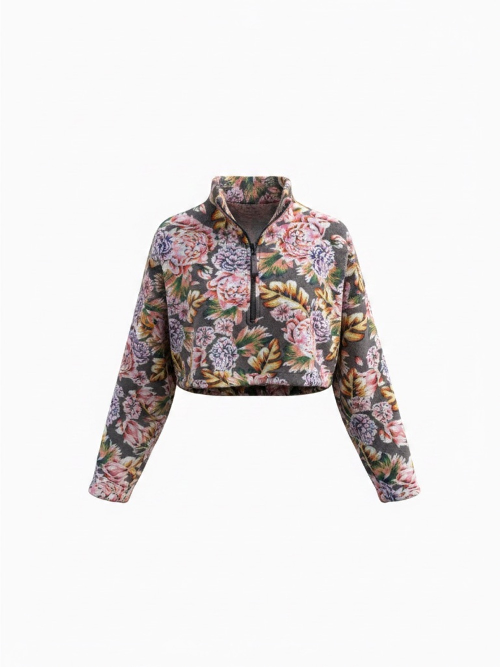 Urban Outfitters Angela Cropped Fleece Jacket Floral Print Half Zip Pullover L